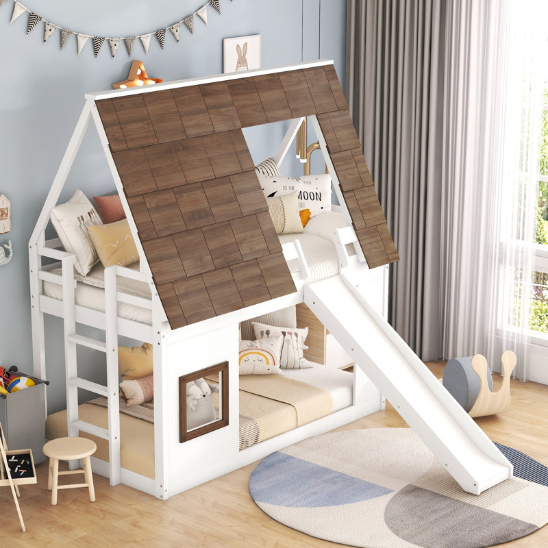 Lit superposé simple en blanc + brun - avec toit et glissade pour la chambre à coucher avec fabrication en bois
