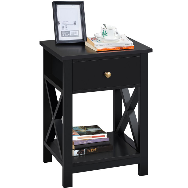1 Drawer Bedside Table with X-Shape Frame, Black