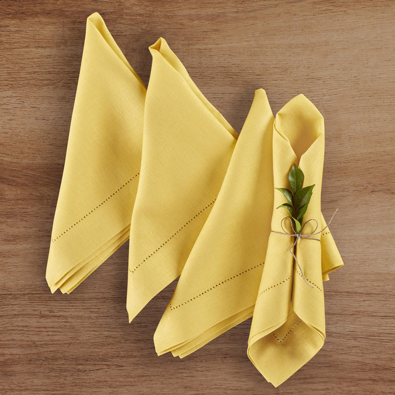Medium Weight Hemstitch - 100% Pure Linen Dinner Napkins, Marigold Yellow