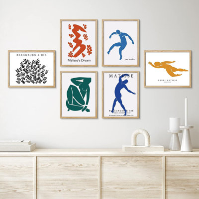 Signature signée danseuse nue colorée, art mural Matisse, ensemble de 6 estampes murales géométriques abstraites, décoration murale minimaliste pour le salon, chambre encadrée 6 pièces par Henri Matisse
