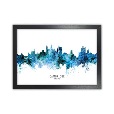 Cambridge England Skyline Blue City Name by Michael Tompsett - Print