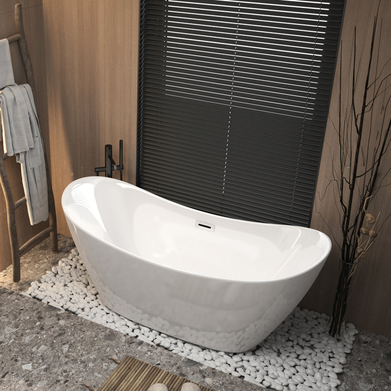 67 - Inch Freestanding Gloss White Acrylic Bathtub, Oval Design, Center Drain, Polished Finish, Comfortable Ergonomic Easy To Up With Simple Equipment Soaking Tub, Shape, Overflow And Pop Up Spacious