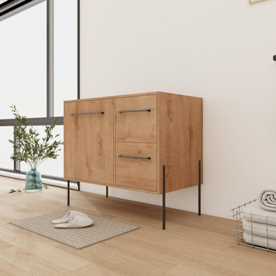 Base de meuble-lavabo autoportant 36 po avec porte d'armoire à fermeture douce et 2 tiroirs, base de meuble-lavabo imitation chêne seulement