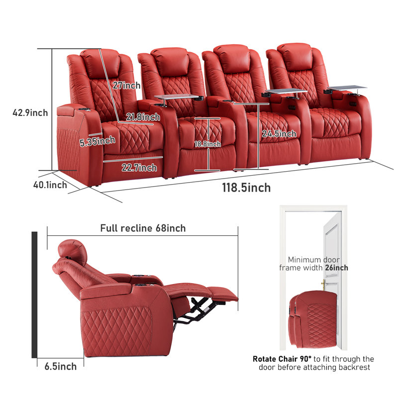 Siège de cinéma inclinable électrique en cuir avec porte-gobelet (ensemble de 4), Cuir véritable rouge