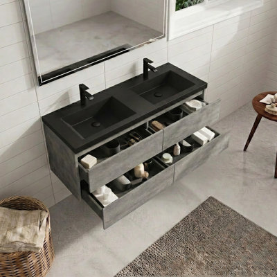  Meuble-lavabo mural 60 po avec lavabo en résine noire 60 po, 2 tiroirs, moderne, résidentiel, luxe abordable, hôtels, centres commerciaux