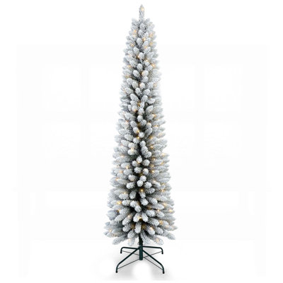 Arbre de Noël 6 pi avec 150 lumières DEL blanc chaud - Arbre enneigé mince en PVC, base en métal, assemblage facile