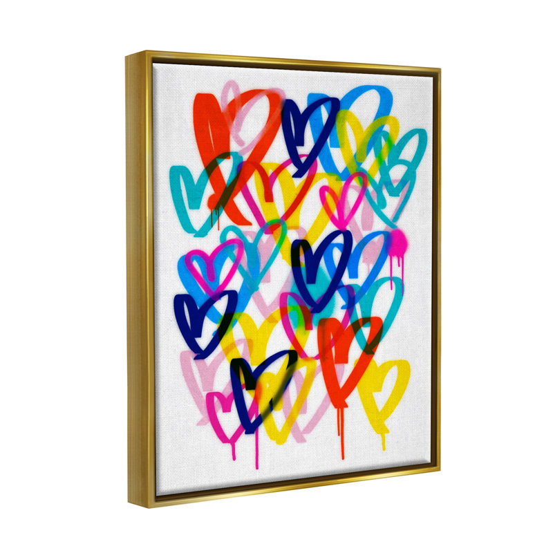 " Modern Graffiti Hearts ", 21" H x 17" W x 1.7" D, Metallic Gold Floater Frame