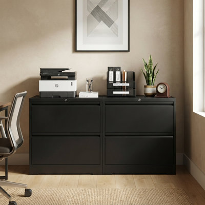 Classeur latéral noir à 2 tiroirs avec serrure, classeur en métal compact et large avec tiroirs pleine extension et capacité de tiroir de 110 lb, pour le bureau personnel