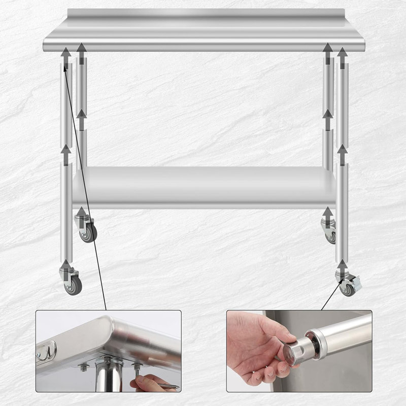 Table NSF en acier inoxydable pour la préparation et le travail, 48 po x 24 po avec tablette réglable, table robuste pour restaurant, maison et hôtel