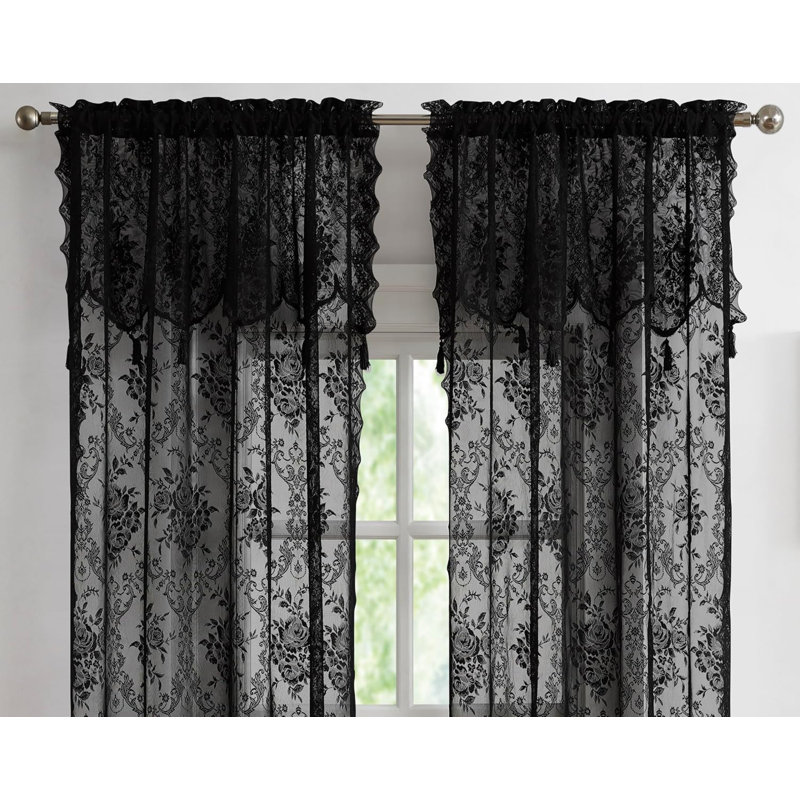Rosdorf Park Pair Of 2 Sheer Lace Curtain Panels with Attached Matching Valance With 6 Tassels., 54" W x 84" L, Black