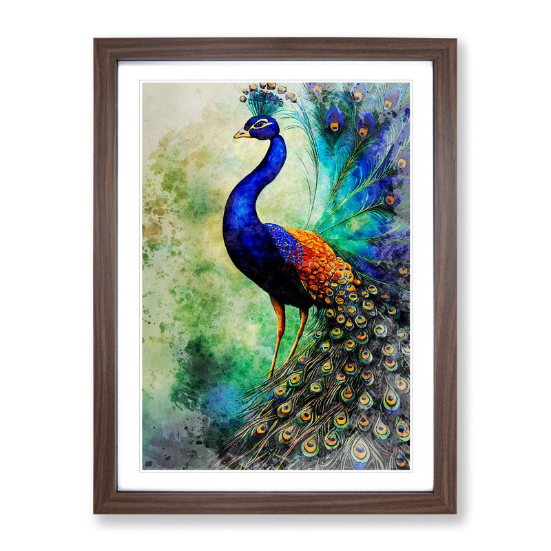 Watercolour Peacock No.2 - Single Picture Frame Painting, 64cm H x 46cm W x 2cm D, Walnut