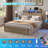 Farmhouse Bed Frame Queen With Bookshelf Headboard And 2 Drawers, Platform Queen Bed With Led Lights And Charging Station, Grey