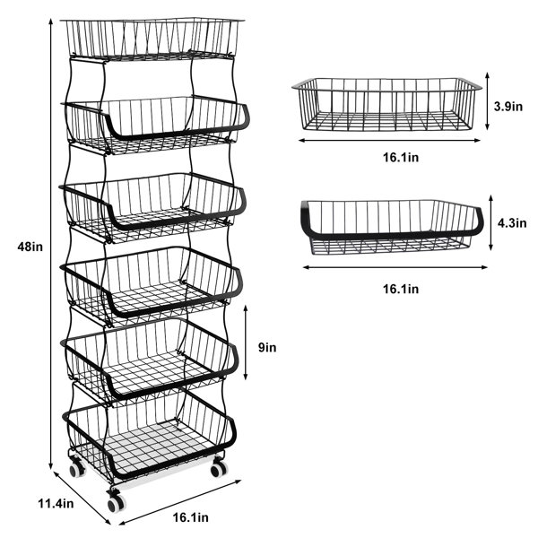 6 Tiers Rolling Metal Stackable Vegetable Fruit Basket Utility Cart Rack Storage Organizer Trolley POPLARBOX