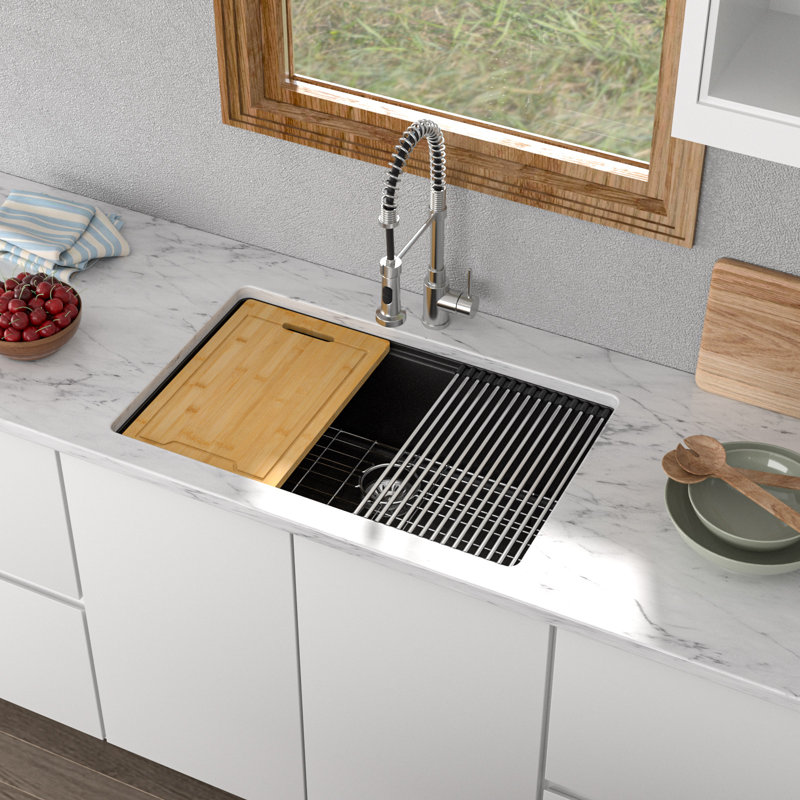 Station de travail en évier de cuisine encastré en composite de granite 30 po x l 19 po à simple cuve en quartz