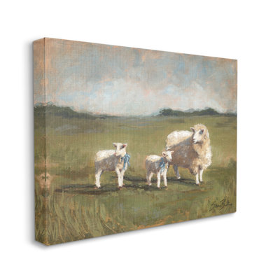 «Sheep and Lamb Family», Sara Grazing - peinture sur toile tendue