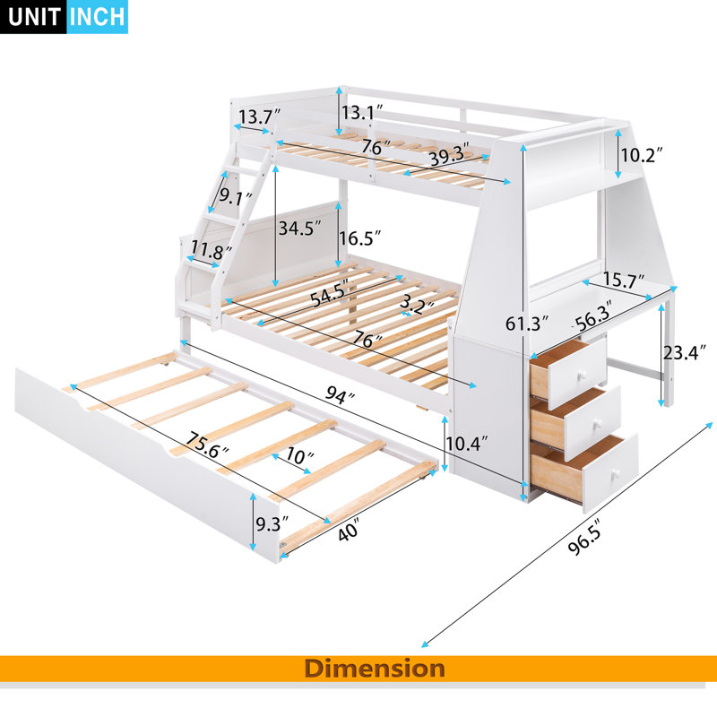 Lit simple superposé au dessus d'un lit double avec lit gigogne et bureau intégré, trois tiroirs de rangement et une tablette