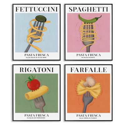 Ensemble de 4 giclées d'art rétro Vintage Pasta Cuisine, encadrées par Véronique Charron