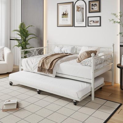 Daybed with Trundle Bed, Twin Size Metal Sofa Bed Frame with Floral Headboard and Pull-Out Trundle