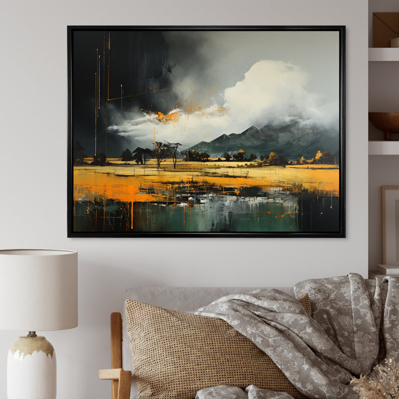 Gris et jaune, paysage de montagne abstrait II - paysage abstrait, art mural, Cadre flottant noir
