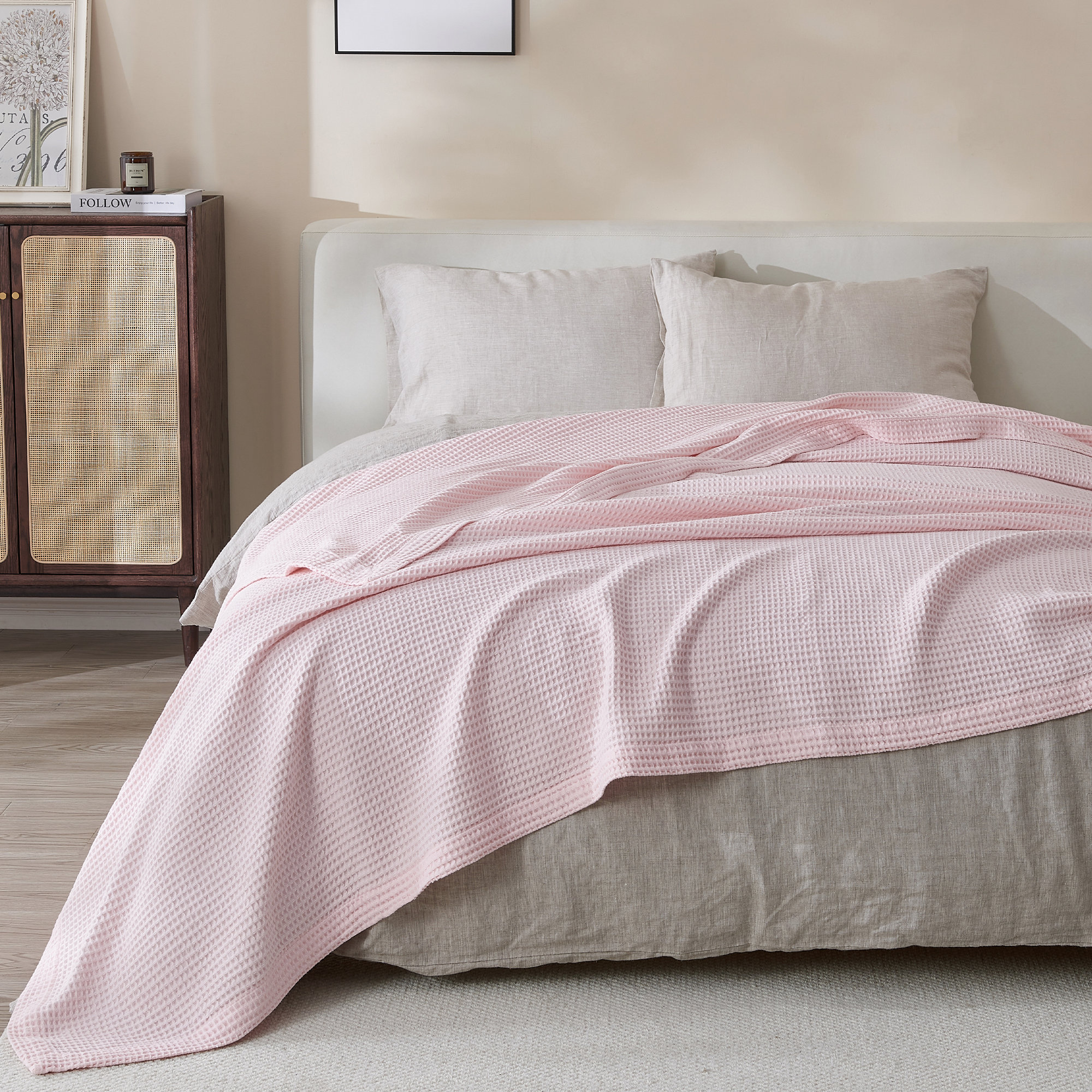100% Cotton Waffle Weave Blanket, Blush, King
