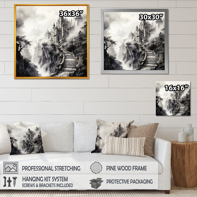 «Gray Foggy Fairytale Castle», art mural fantastique, Cadre flottant noir, H 16 po x l 16 po x P 1 po