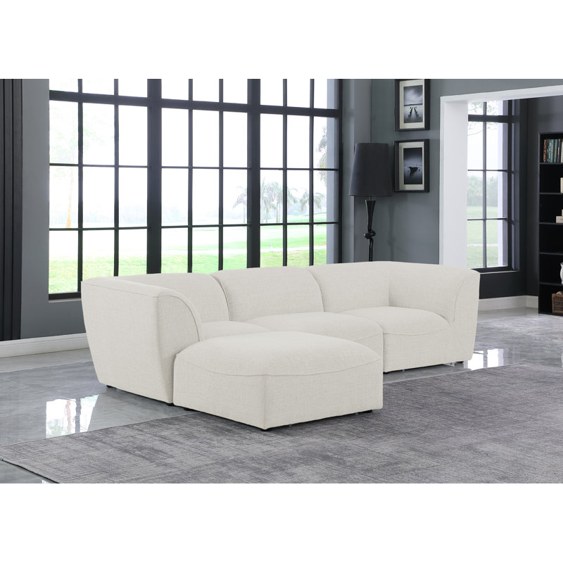 Camani Upholstered L-Shaped Sectional with Ottoman Reversible, Cream Linen Textured Fabric