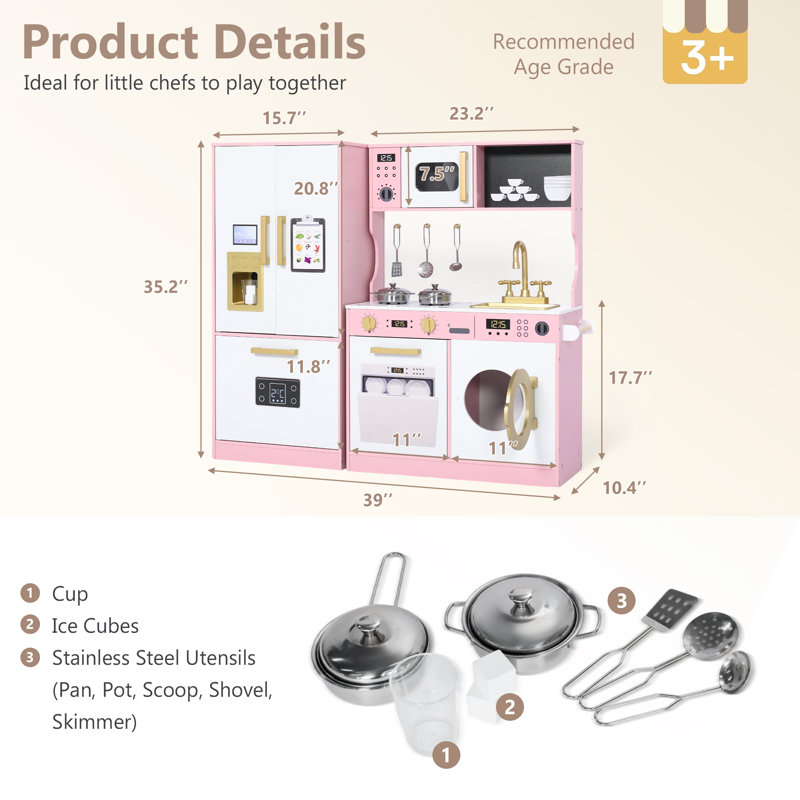 Wooden Play Kitchen Set for Kids with Sink, Freezer, Ice Maker, Washing Machine & Accessories Large Storage & Realistic Features