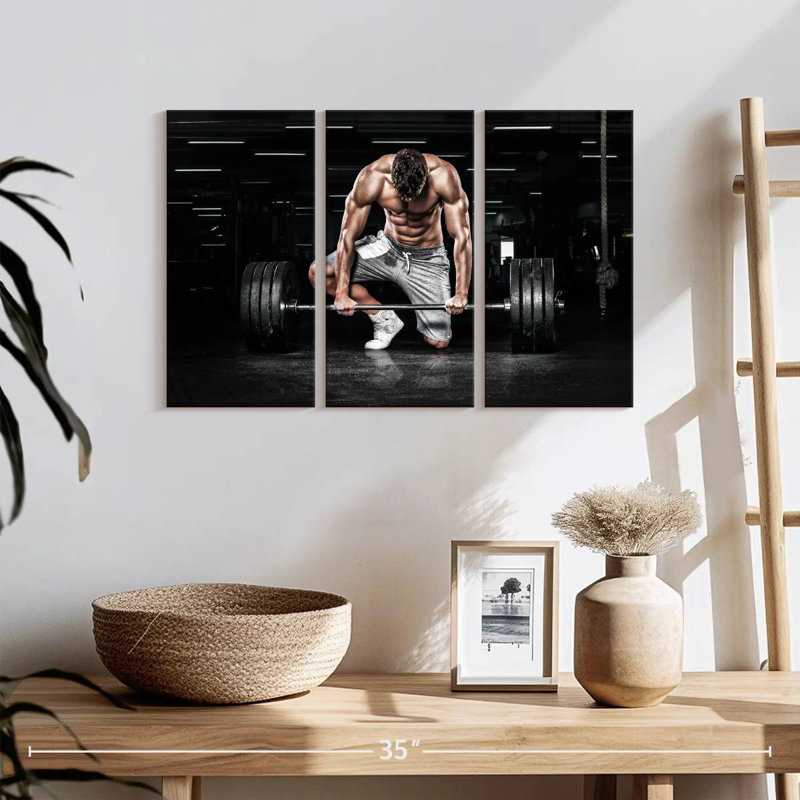 Sireci soulevant des haltères au gymnase, H 14 po x l 23 po