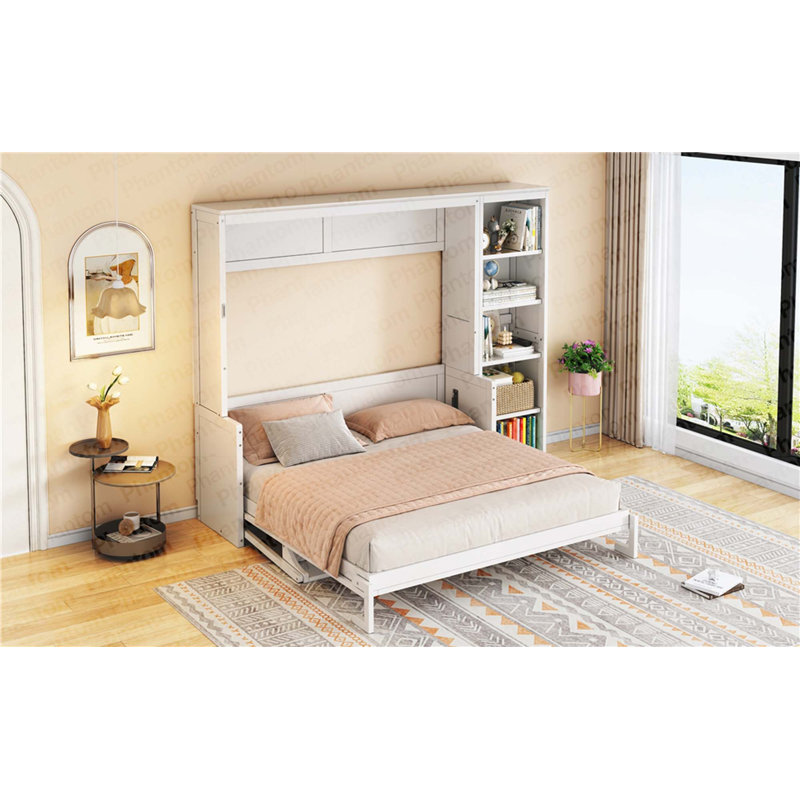 Grand lit escamotable avec bureau et bibliothèque, blanc, Blanc, Grand lit
