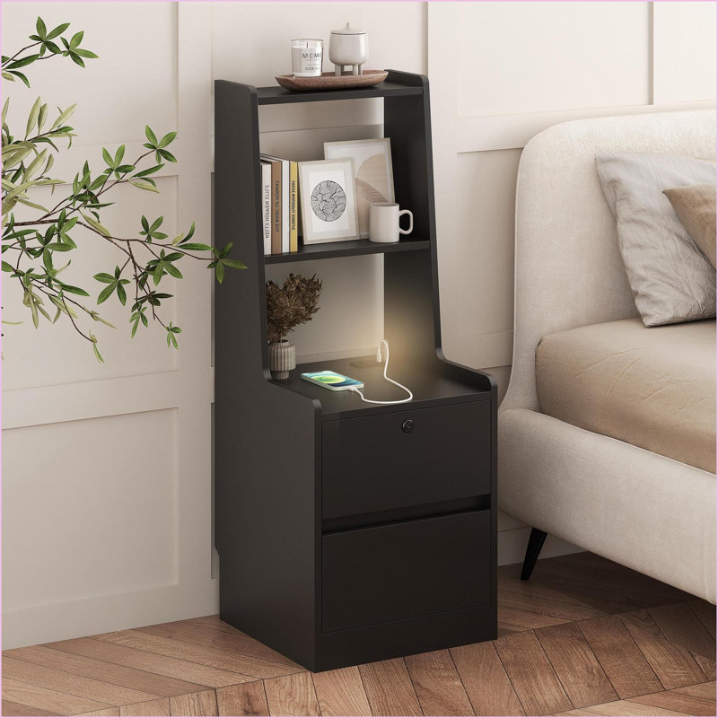 Table de chevet moderne en bois avec station de charge et veilleuse pour chambre à coucher, Beige