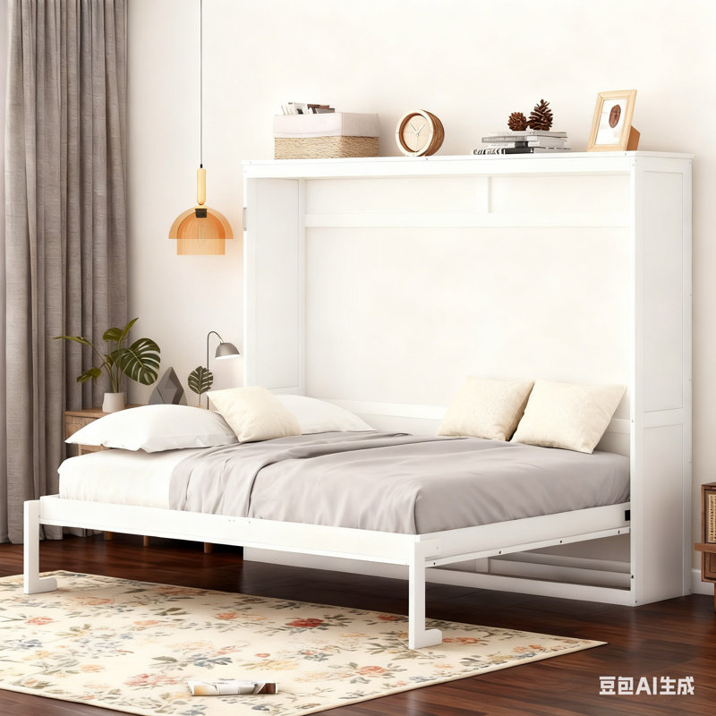 Luntex Modern Farmhouse Murphy Bed With Durable MDF And Plywood  For Guestroom, Small Bedroom, White, Queen