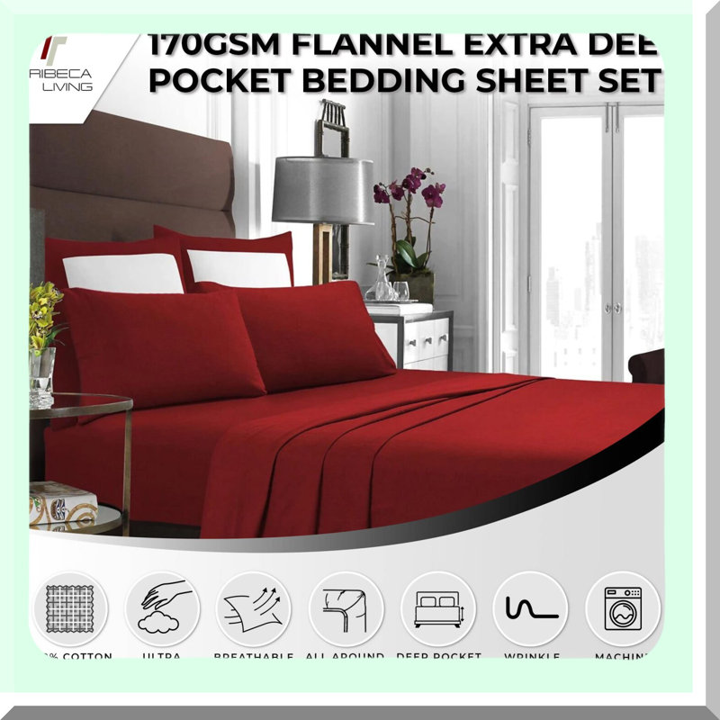 Comfort Deep Pocket Flannel Sheet Set - Luxurious Bedding - Soft and Cozy - Premium Quality - Extra Deep Pockets, Red