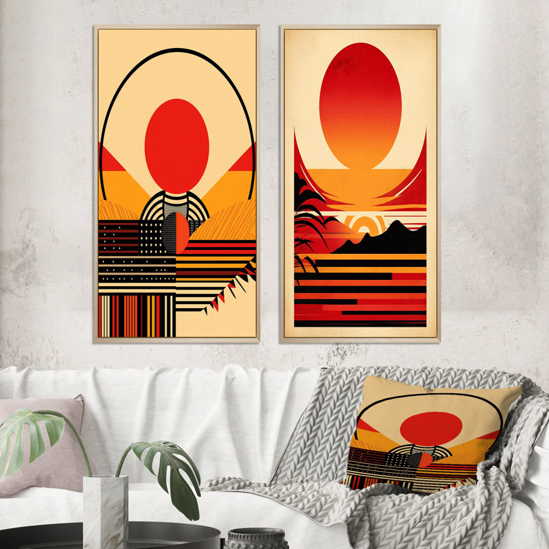 «Red Bold Sunset», 2 pièces sur toile, H 32 po x l 32 po, Encadrement brun