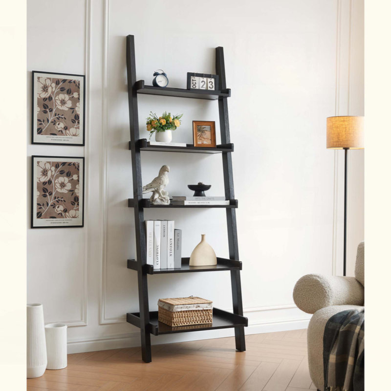 Modern 5-Tier Ladder Bookcase with Multi-Depth Shelves & Rounded Corner Barriers 