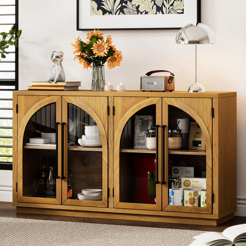 Retro Style 4-Door Arched Storage Sideboard With Glass, Adjustable Shelves, Natural Wood, Multifunctional Buffet Cabinet, Shape, Look,