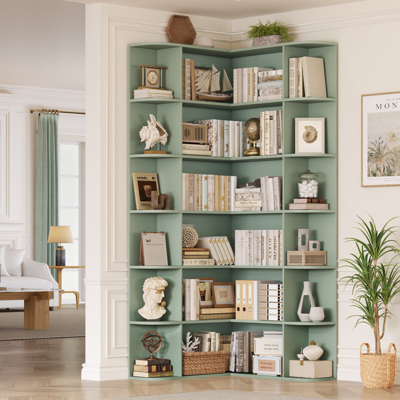 73.9" H Corner Bookcase 6 Tier L-Shaped Bookshelf, Green