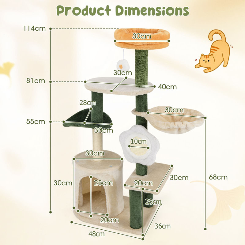 114CM Tall Cat Tree Cute Flower Pet Activity Center Furniture-Green