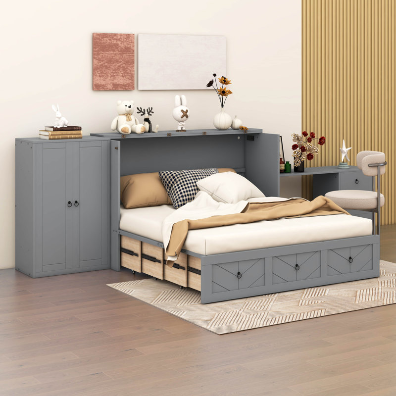 Queen Size Murphy Bed With USB Port, Large Drawer, And Wardrobe/Desk Combo, Grey