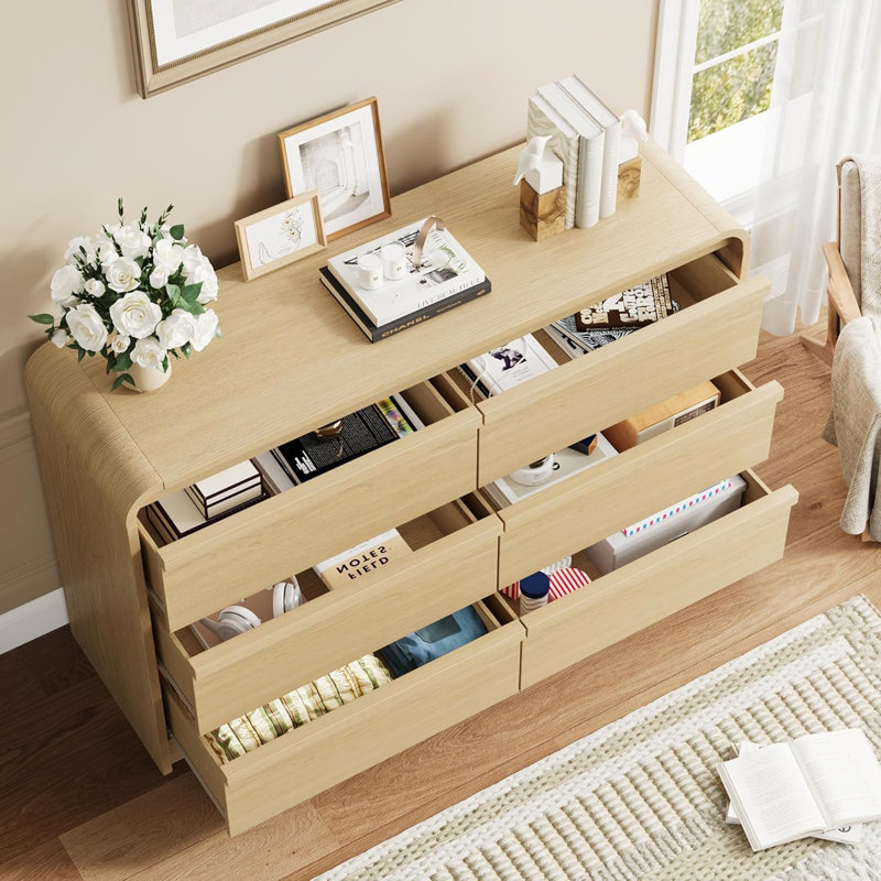 Natural Wood 6-Drawer Curved TV Stand, Rustic Farmhouse Media Cabinet with Wooden Pull Handles, Beige