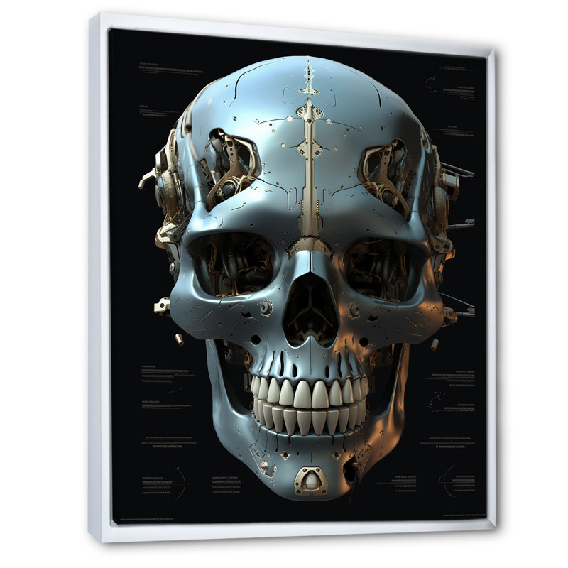Reproduction d'art sur toile, "Happy Cyborg Skull Funky Halloween I", Cadre flottant blanc, H 20 po x l 12 po x P 1 po