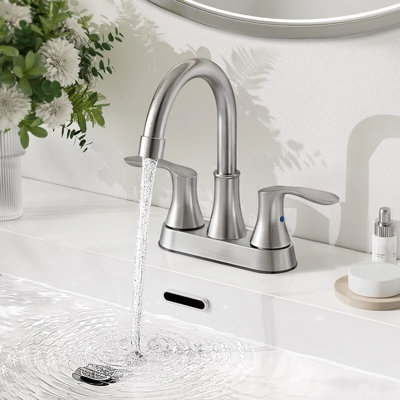 Brushed Nickel 4-Inch Centerset Bathroom Faucet, 2-Handle 3-Hole Vanity Sink Faucet with Drain, 360° Swivel High-Arc Spout