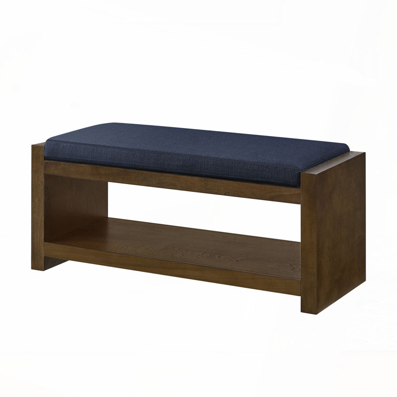 Wood Frame Storage Bench with Removable Cushion, Lower Shelf, Navy Blue, 18.5" H x 40" W x 16.25" D
