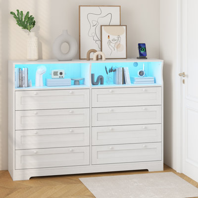 8 Drawer Wooden Dressers for Bedroom with LED Lights, Charging Station & Open Shelf, Wood Chest of Drawers, Farmhouse TV Stand Dresser for Living Room, Hallway, Entryway Fit 65 inch TV