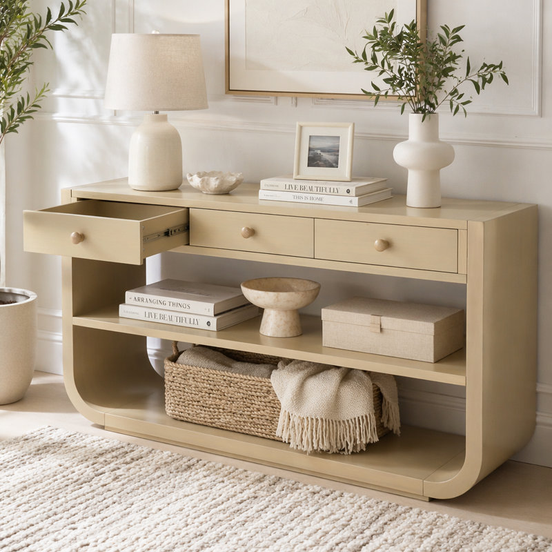 Console moderne avec 3 tiroirs à fermeture en douceur et 2 tablettes ouvertes, Natural