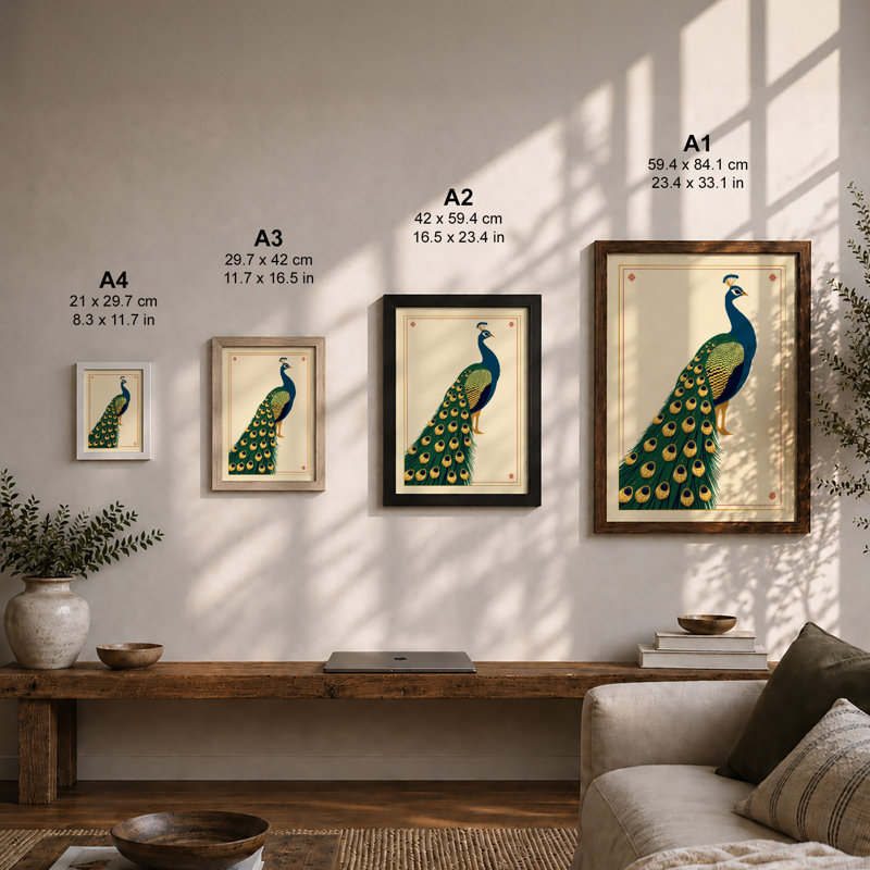 Peacock Art Deco - Framed Print, A4 - 29.7 x 21.0 cm, Walnut