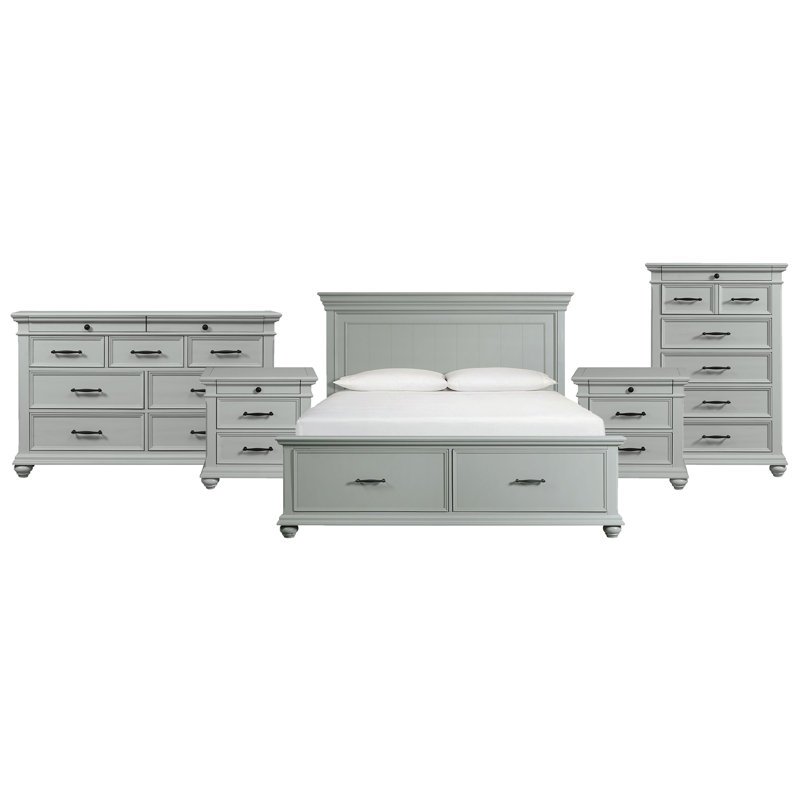 Ensemble de chambre avec grand lit plateforme 5 pièces Giliane, Gris, 5 Pcs: Bed, Dressers, Chest, 2 Nightstands, King