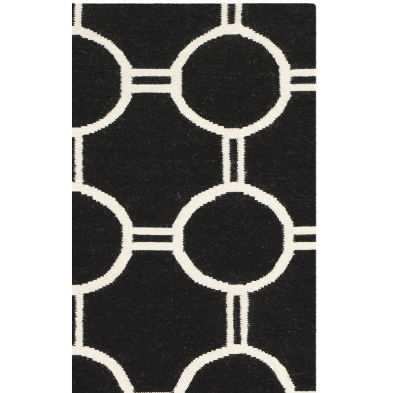 Rodgers Hand Woven Flat Weave Wool/Cotton Geometric Rug in Black/Grey, Square 6'