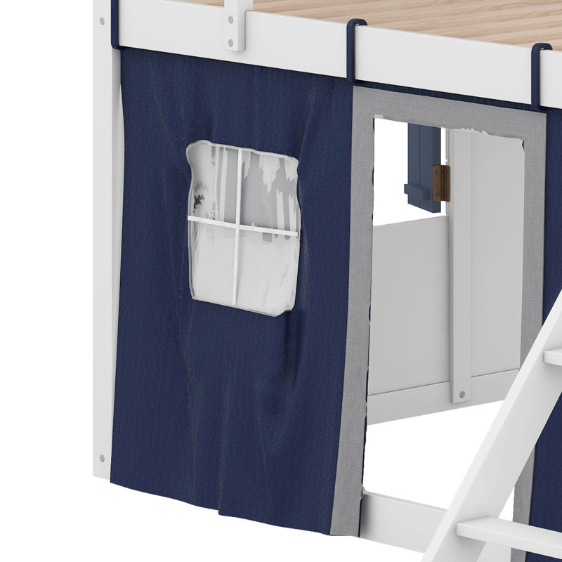 Full Size Bunk Wood House Bed With Windows, Sills And Tent, Blue/White