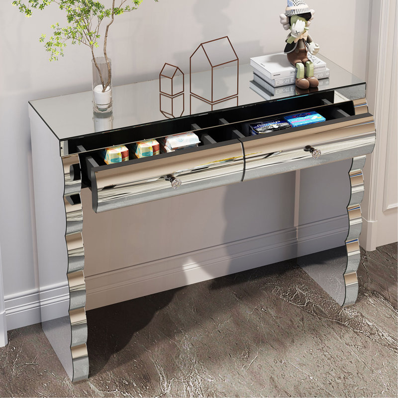 Console à miroir, coiffeuse argentée pour miroir courbé au four avec 2 tiroirs, table d'appoint décorative en miroir convenant au couloir et au salon, coiffeuse à miroir
