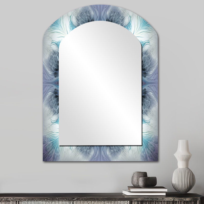 Lettunich Turquoise and White Fractal Flowers III - Geometric Asymmetrical Wall Mirror, Turquoise Arch Decorative Mirror, Printed Metal Art
